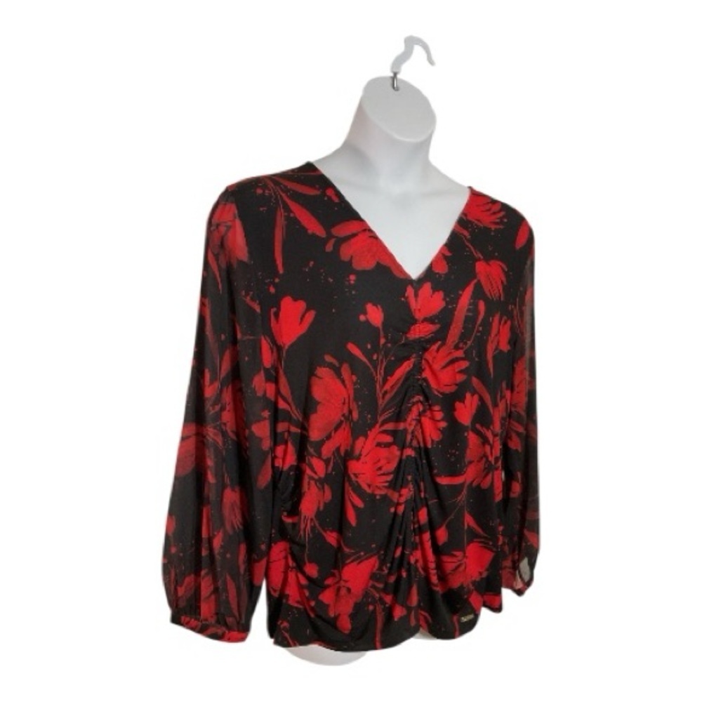 Calvin Klein Red Floral Sheer Sleeve V Neck Blouse Size 2X NWT